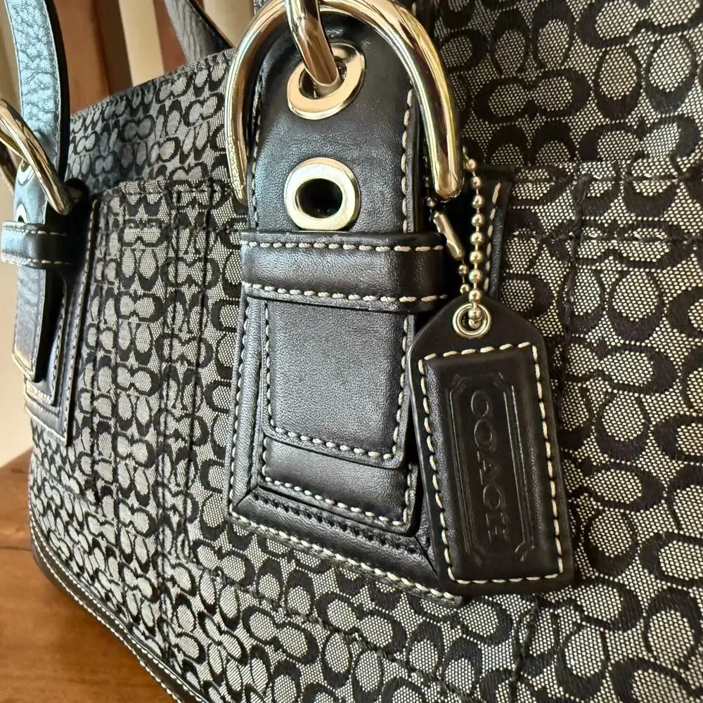 Coach Micro C Signature Jacquard Tote Bag Black Gray Leather Trim F19664